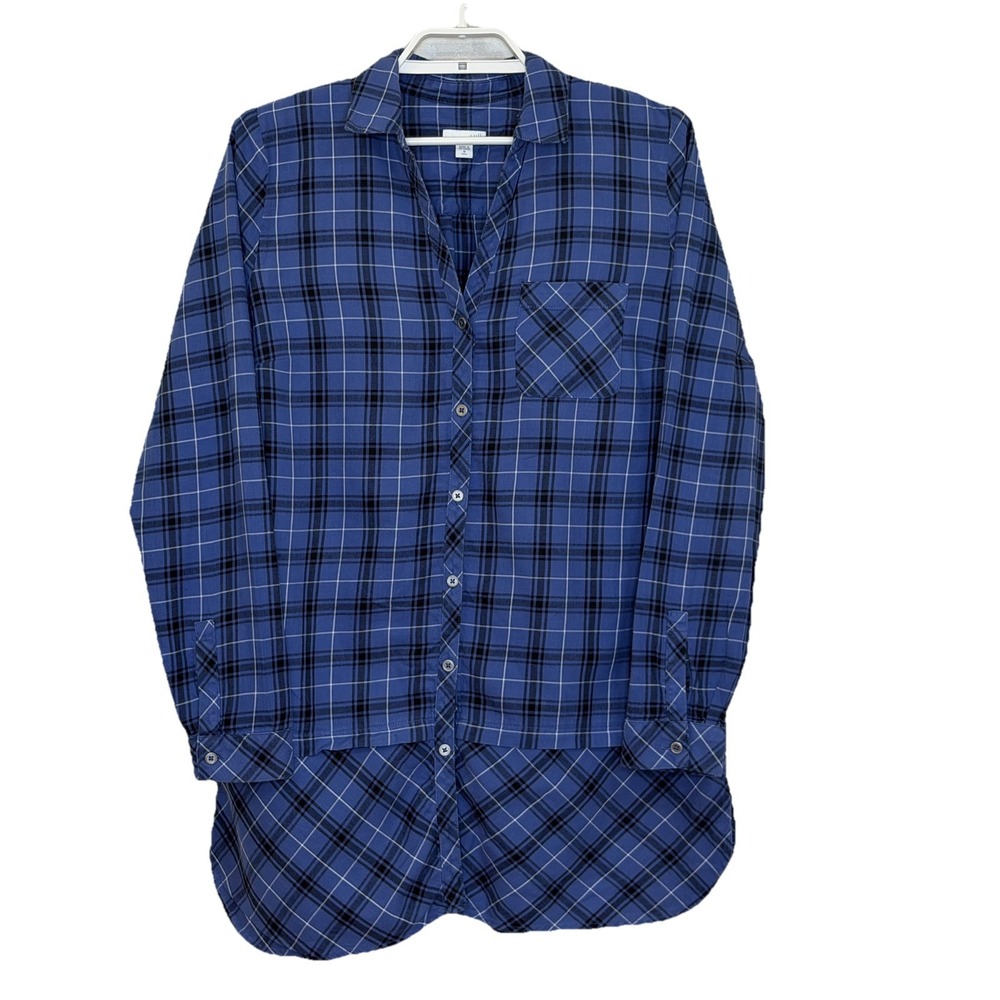 J.Jill‎ Tunic Top Womens Size Medium Tall Blue Plaid Button Front Long Sleeve